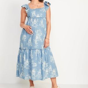 Maternity Floral Chambray Flutter Sleeve MIDI Dress